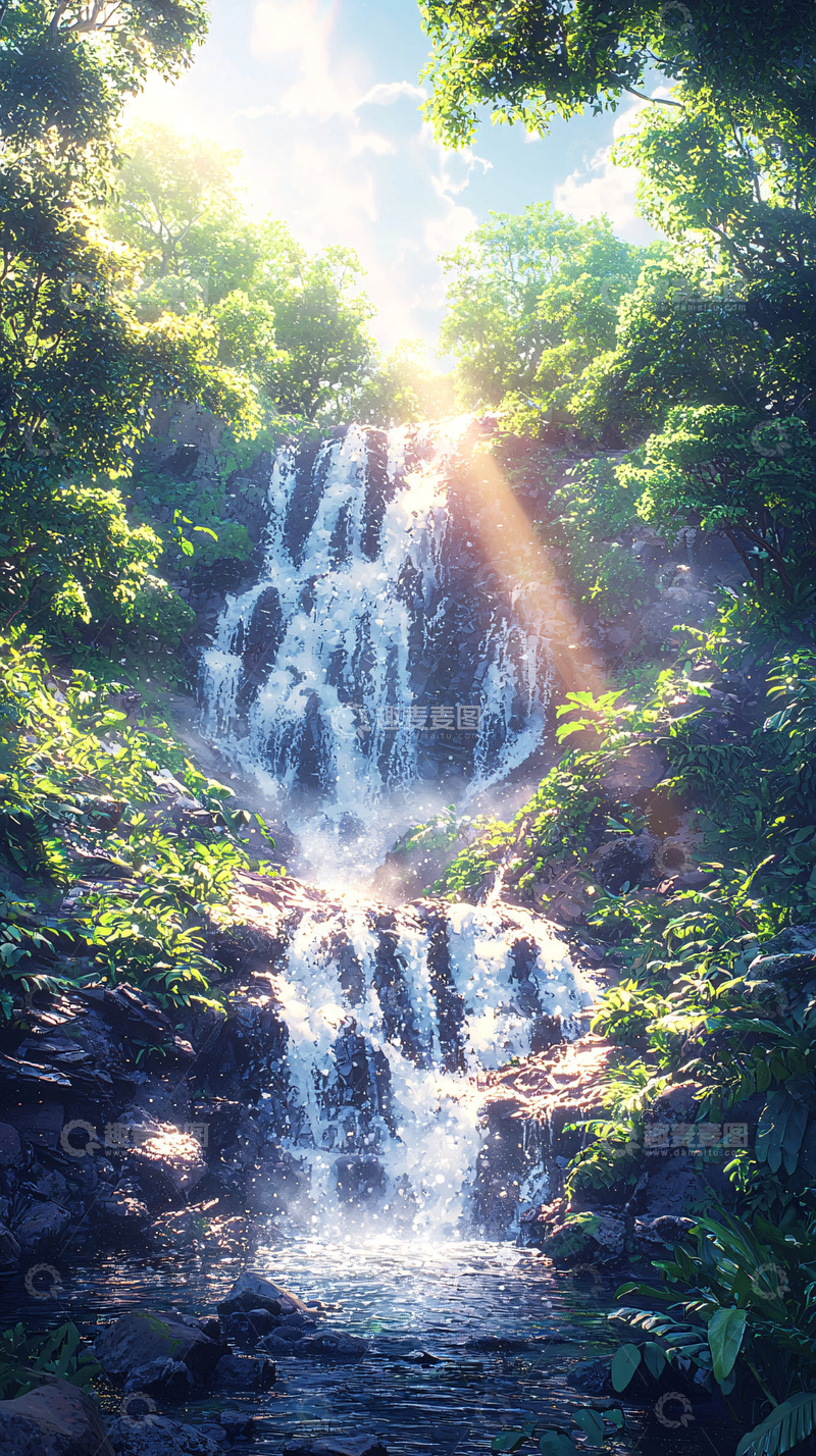 高清大图下载【趣麦麦图】阳光穿透森林的瀑布