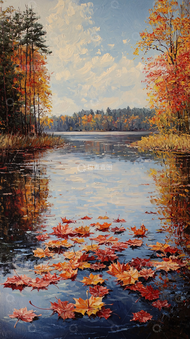 高清大图下载【趣麦麦图】秋水落叶静谧湖景