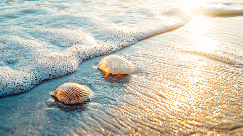 高清大图下载【趣麦麦图】海浪冲刷沙滩上的贝壳