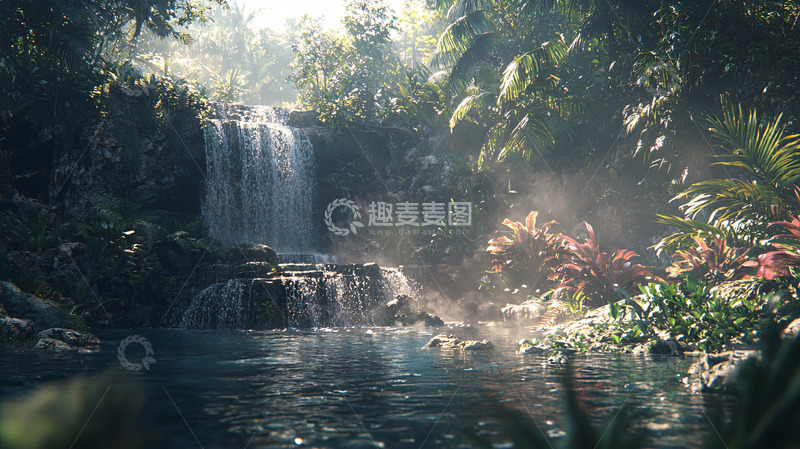 高清大图下载【趣麦麦图】阳光下的热带雨林瀑布