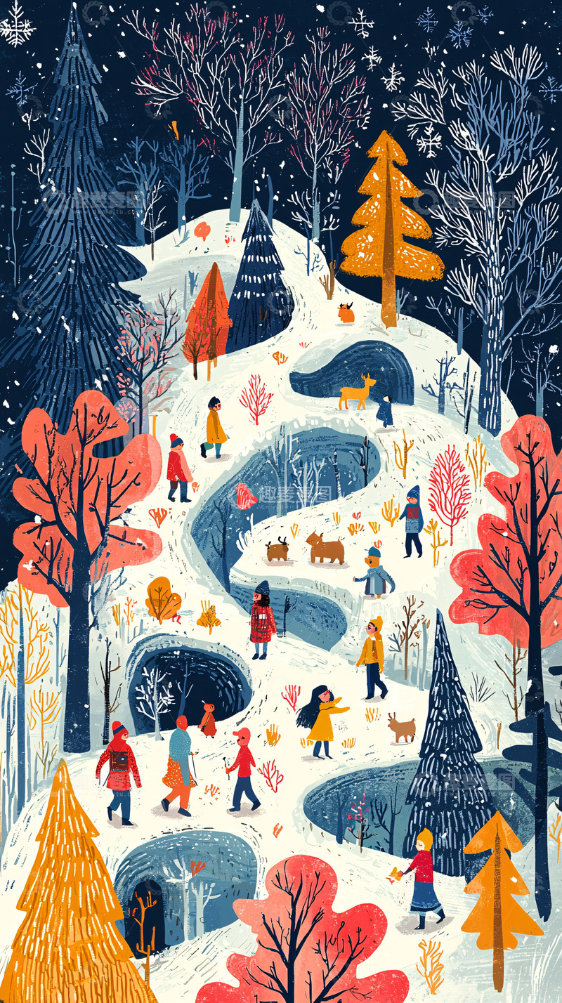 高清大图下载【趣麦麦图】冬日雪地小路人群漫步