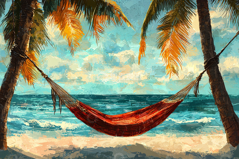 高清大图下载【趣麦麦图】棕榈树下吊床海滩