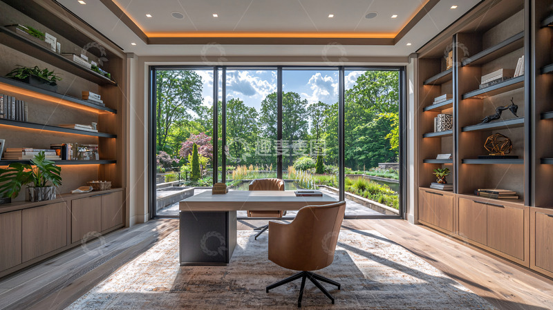 高清大图下载【趣麦麦图】现代风格书房落地窗外花园