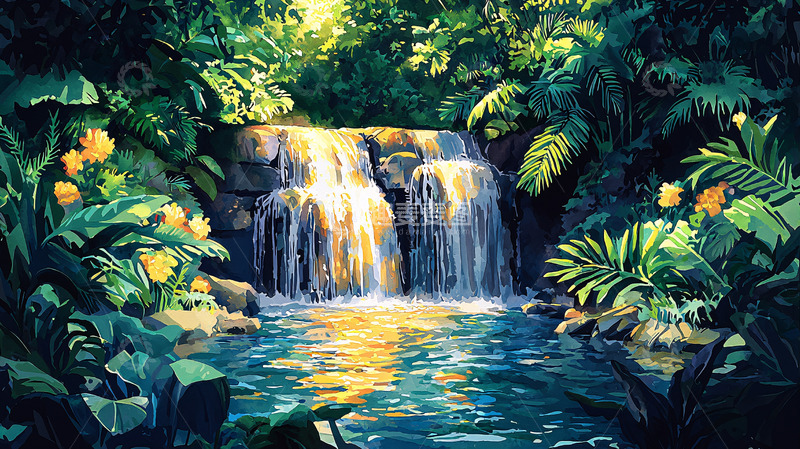 高清大图下载【趣麦麦图】热带雨林瀑布景观图