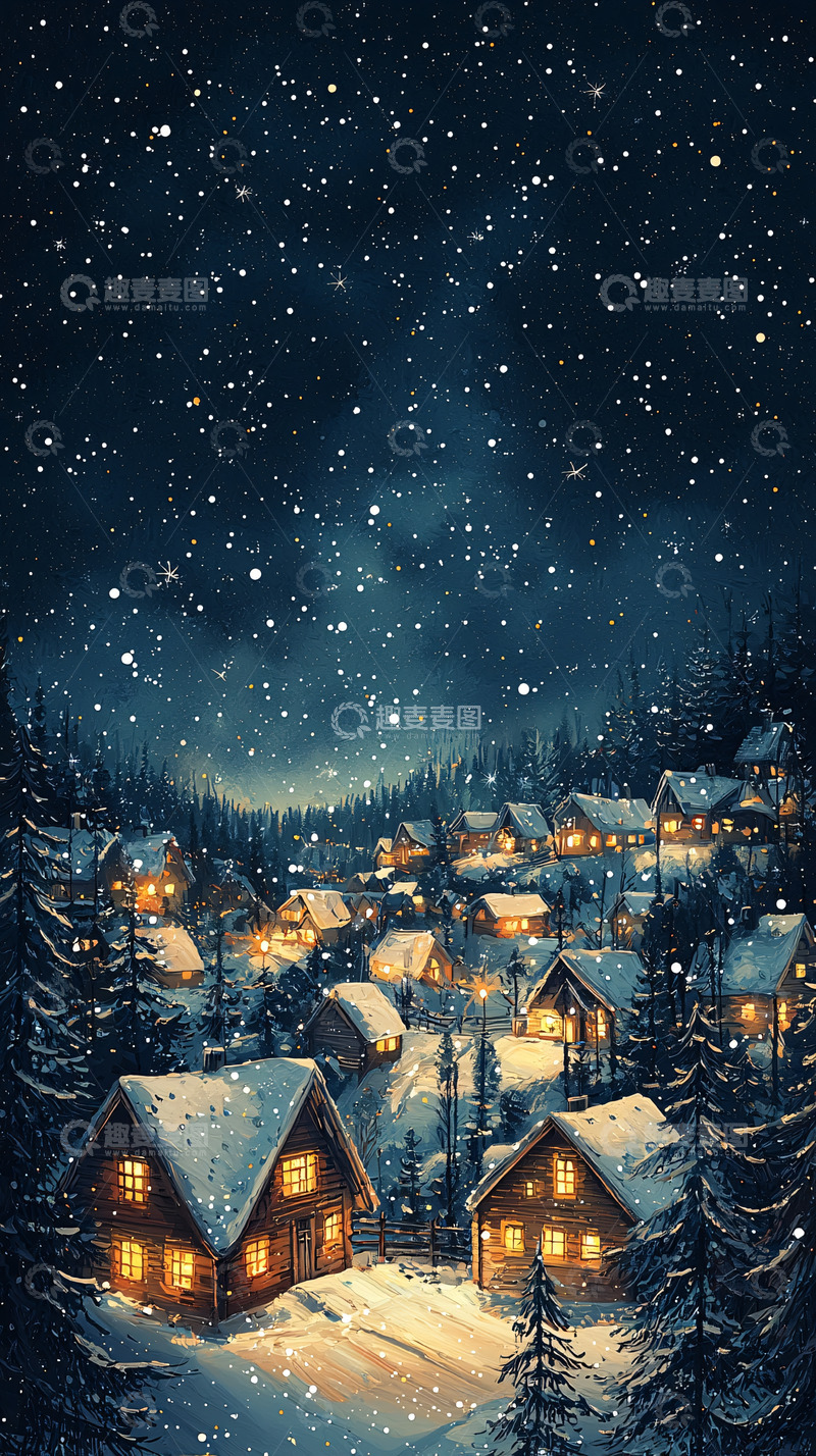高清大图下载【趣麦麦图】雪夜小屋村庄