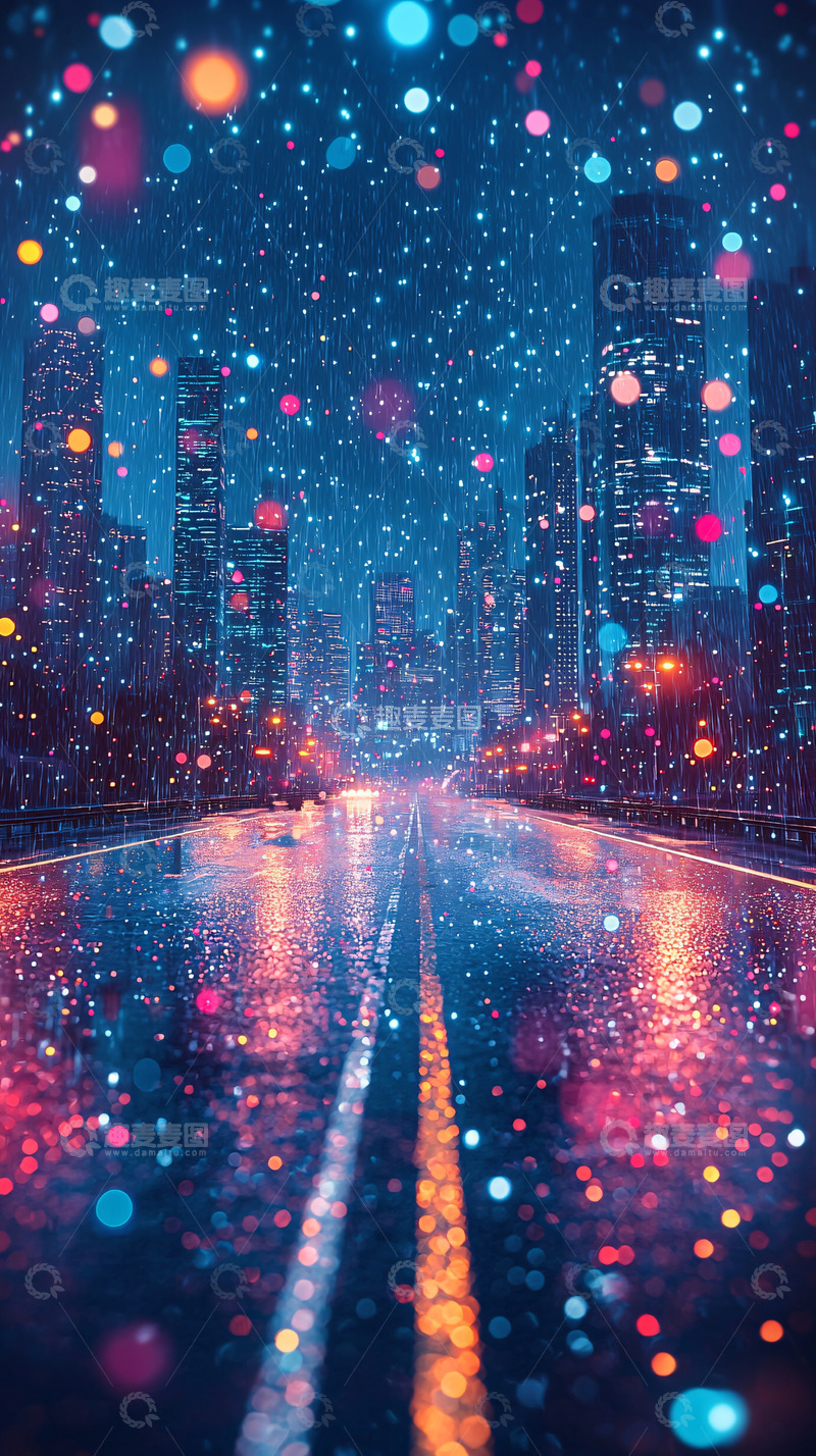 高清大图下载【趣麦麦图】梦幻霓虹夜景雨中城市