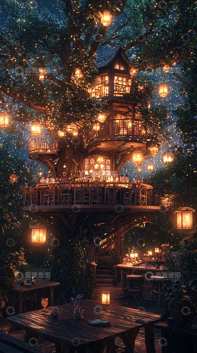 高清大图下载【趣麦麦图】梦幻树屋夜晚灯光场景