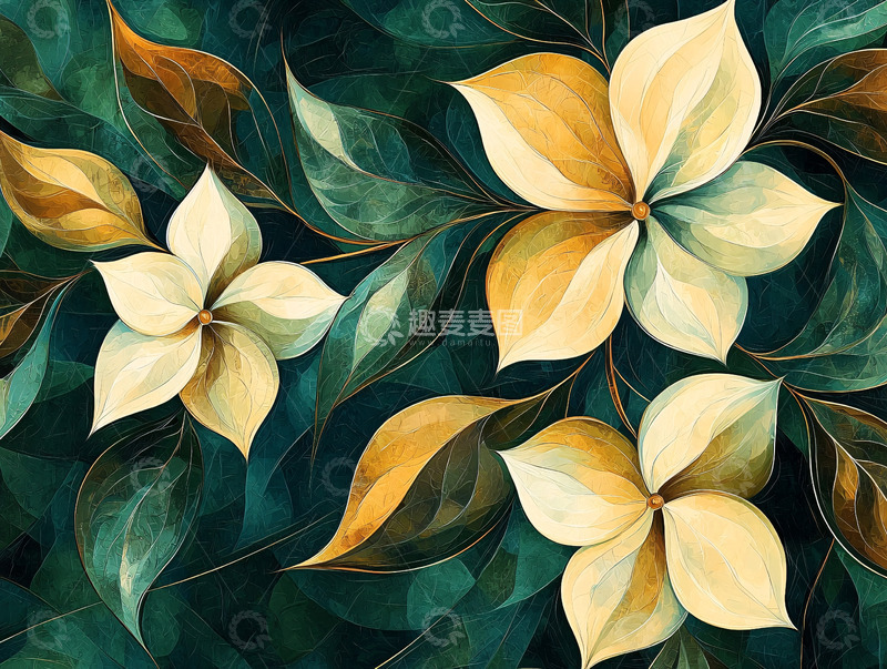 高清大图下载【趣麦麦图】墨绿色背景暗色系花卉图案