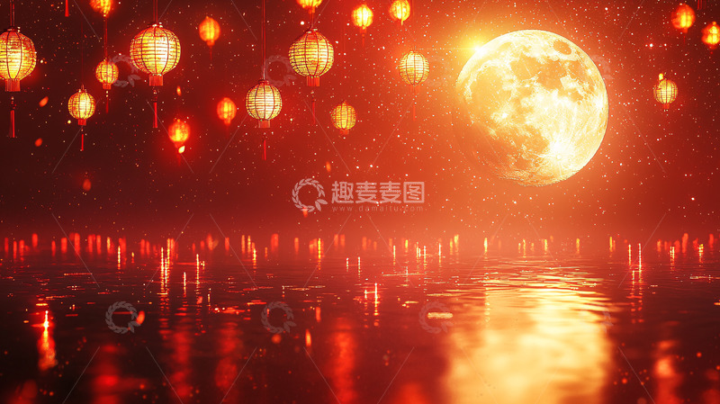 高清大图下载【趣麦麦图】红月夜景灯笼城市