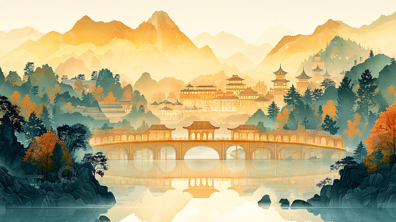 高清大图下载【趣麦麦图】水墨山水古建筑桥梁