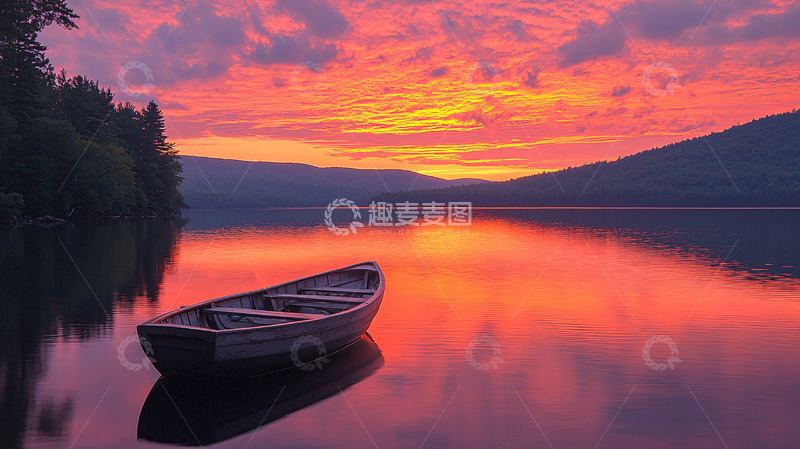 高清大图下载【趣麦麦图】火烧云下的小船