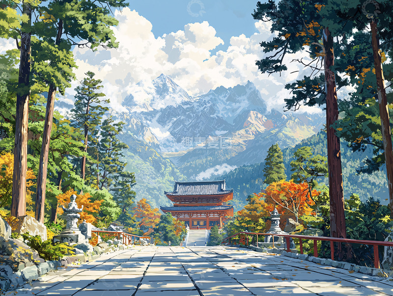 高清大图下载【趣麦麦图】山间寺庙秋景图