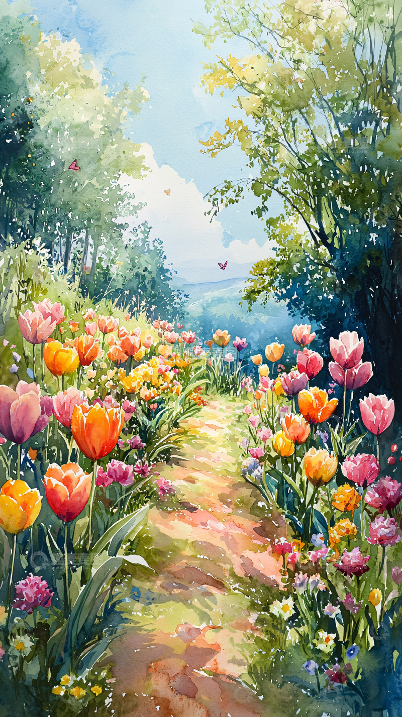 高清大图下载【趣麦麦图】郁金香花田小路