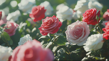 阳光下盛开的各色玫瑰花丛