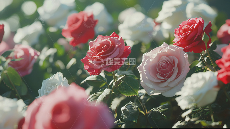 高清大图下载【趣麦麦图】阳光下盛开的各色玫瑰花丛