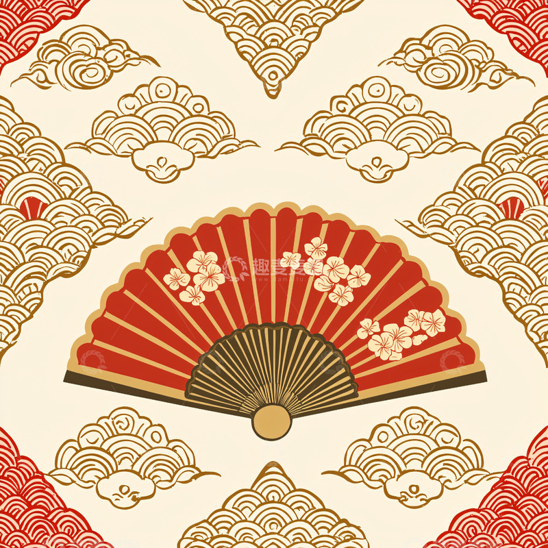 高清大图下载【趣麦麦图】扇子和祥云的中国风图案