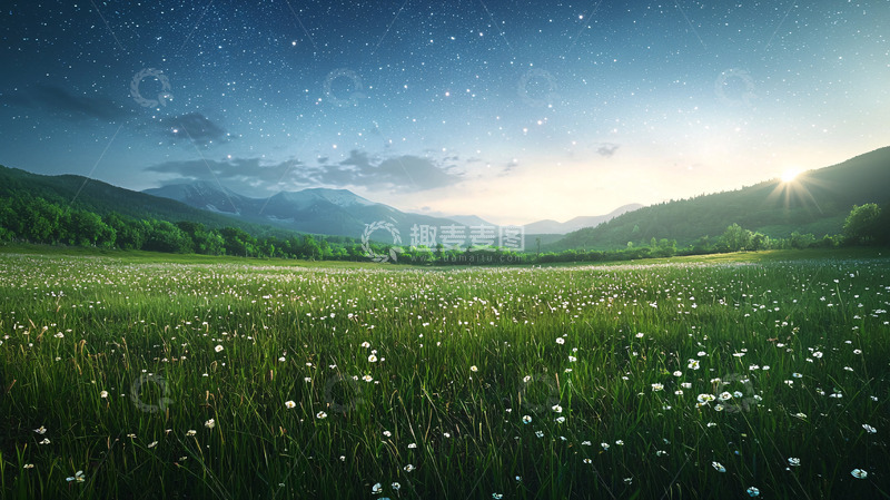 高清大图下载【趣麦麦图】星空下的绿色草原