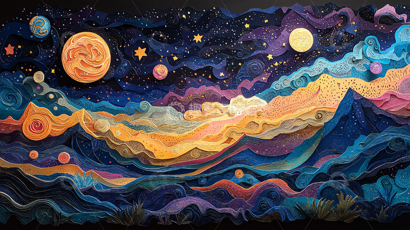 高清大图下载【趣麦麦图】宇宙星空剪纸画