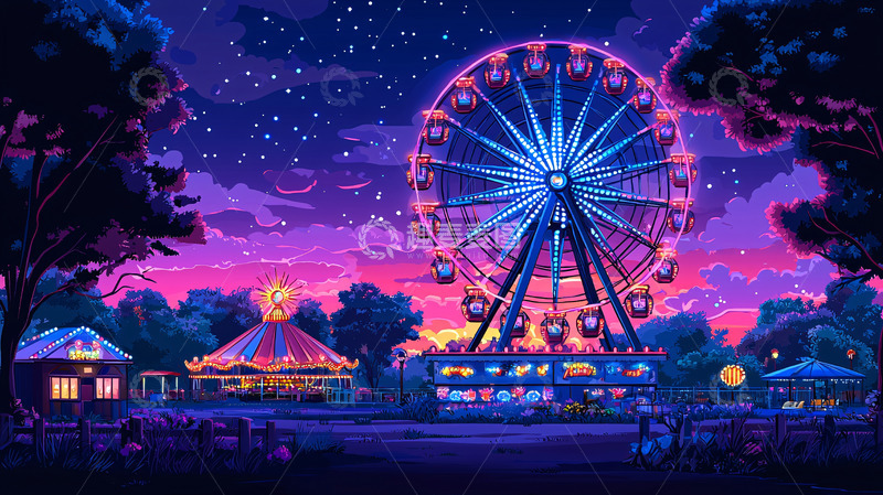 高清大图下载【趣麦麦图】夜晚的游乐园梦幻场景