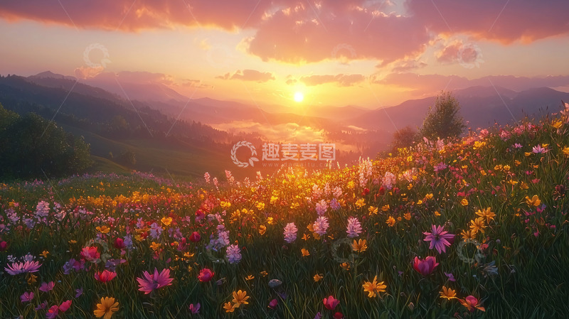 高清大图下载【趣麦麦图】日出山峰野花田园