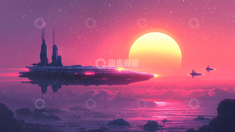 高清大图下载【趣麦麦图】太空飞船日落剪影
