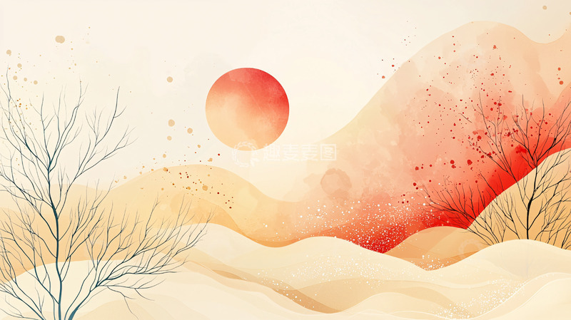 高清大图下载【趣麦麦图】水彩山峦日落
