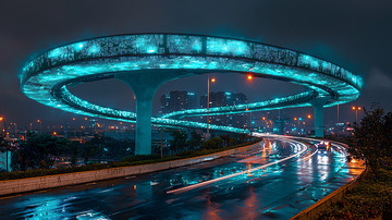 夜间蓝色环形高架桥