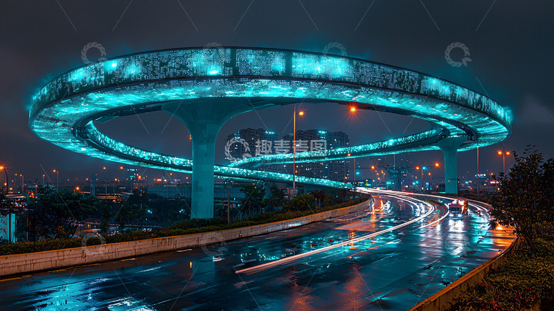 高清大图下载【趣麦麦图】夜间蓝色环形高架桥