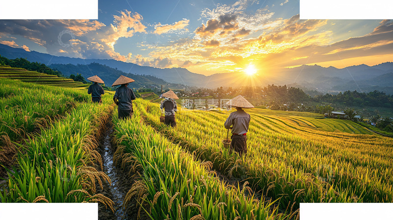 高清大图下载【趣麦麦图】稻田日出劳作的农民