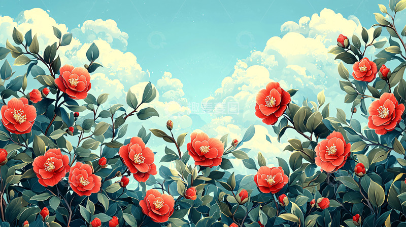 高清大图下载【趣麦麦图】红花绿叶蓝天白云的背景
