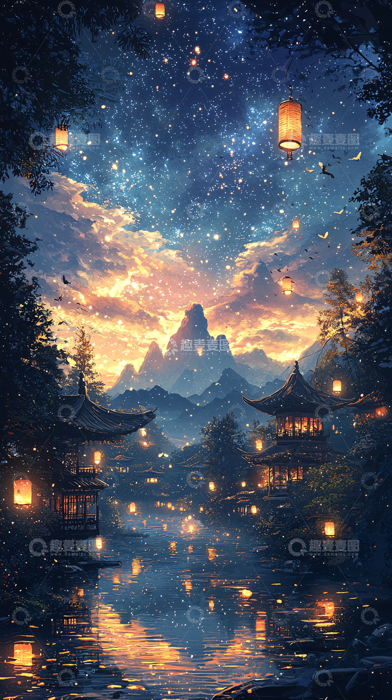 高清大图下载【趣麦麦图】夜空下的古风建筑群