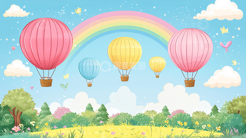 高清大图下载【趣麦麦图】卡通热气球彩虹背景图