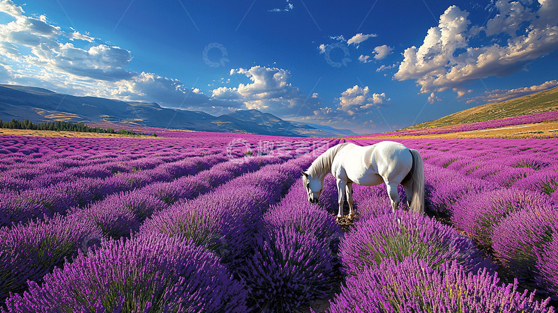 高清大图下载【趣麦麦图】薰衣草田里的白马
