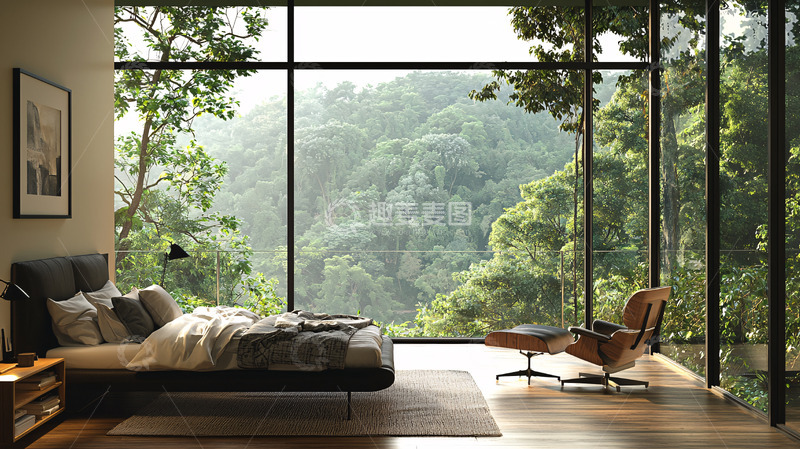 高清大图下载【趣麦麦图】极简卧室落地窗森林景观