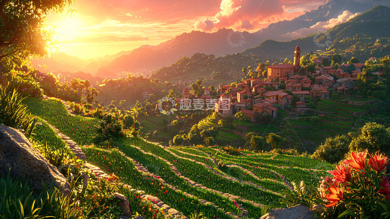 高清大图下载【趣麦麦图】夕阳下的山村梯田