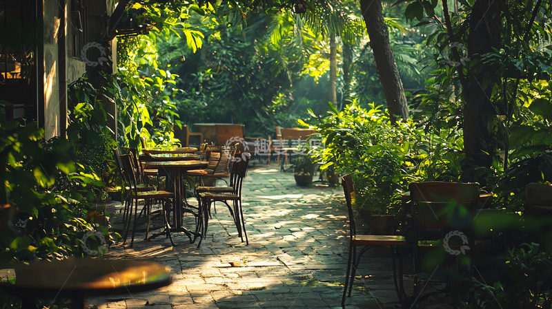 高清大图下载【趣麦麦图】阳光洒落的绿荫庭院咖啡座