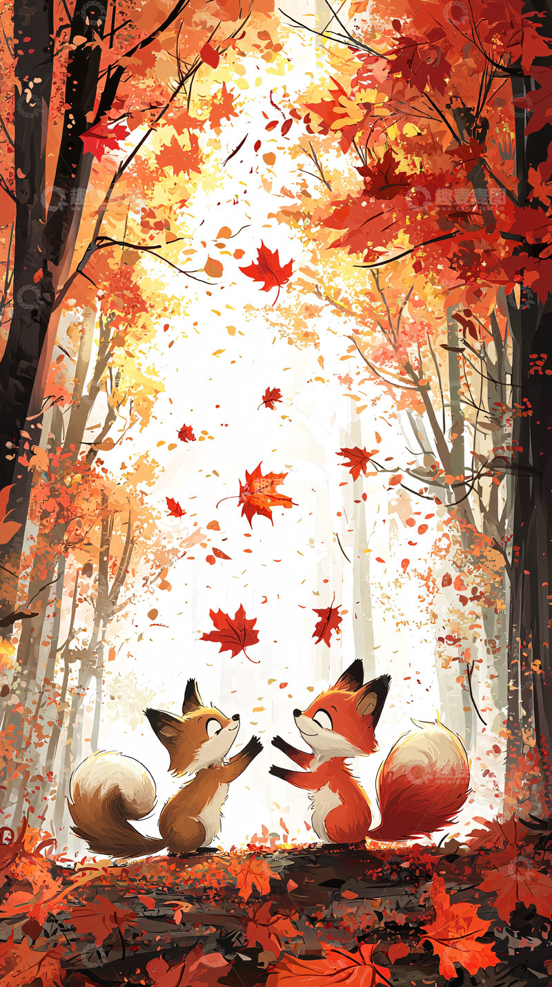 高清大图下载【趣麦麦图】秋天森林里两只狐狸