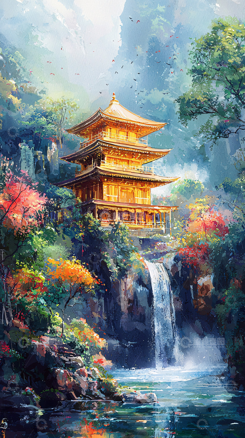 高清大图下载【趣麦麦图】金色寺庙瀑布山林