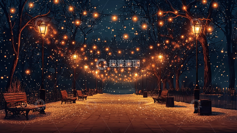 高清大图下载【趣麦麦图】冬季雪夜灯光小路