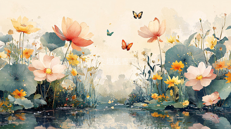 高清大图下载【趣麦麦图】水彩荷花蝴蝶花卉壁纸