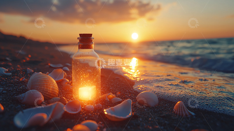 高清大图下载【趣麦麦图】海滩日落玻璃瓶