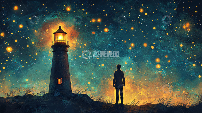 高清大图下载【趣麦麦图】孤独的人仰望星空下的灯塔