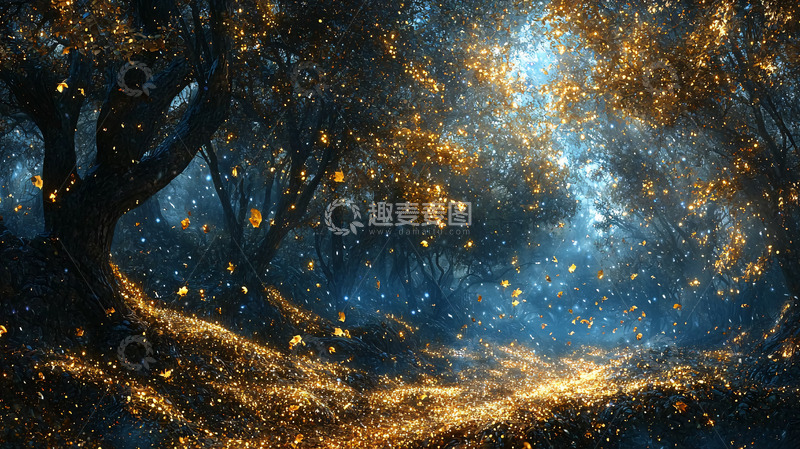 高清大图下载【趣麦麦图】金黄色光芒笼罩的森林