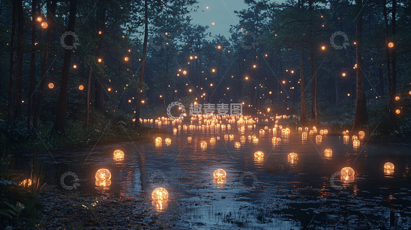 高清大图下载【趣麦麦图】夜晚森林萤火