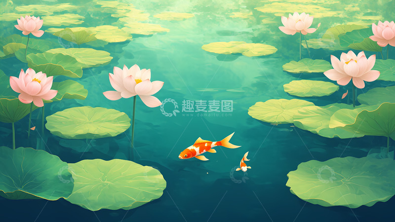 高清大图下载【趣麦麦图】卡通手绘夏天池塘里的荷花插画
