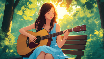 卡通手绘公园里弹吉他的女孩插画1