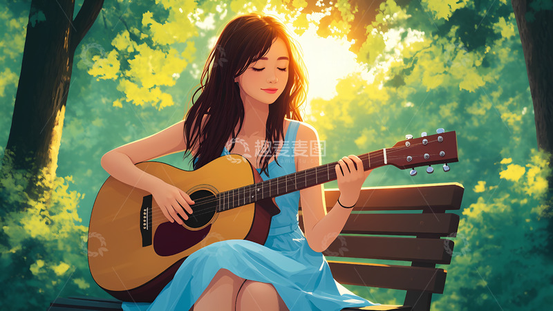 高清大图下载【趣麦麦图】卡通手绘公园里弹吉他的女孩插画1