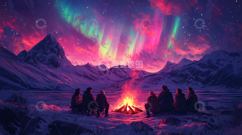 高清大图下载【趣麦麦图】极光下的篝火晚会