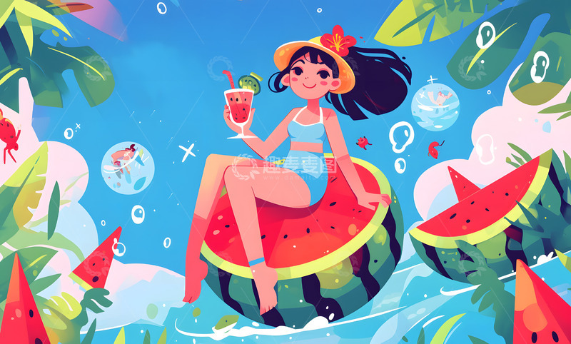 高清大图下载【趣麦麦图】女孩西瓜夏日氛围插画2