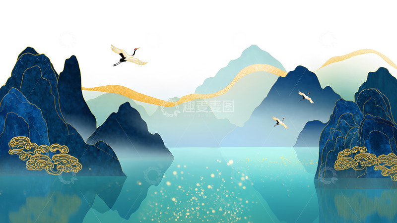高清大图下载【趣麦麦图】创意卡通手绘国潮风山水仙鹤插画